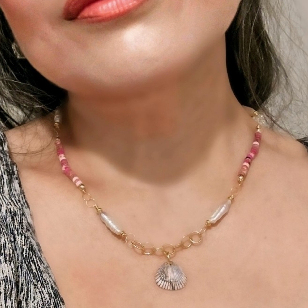 Pink Jasper & Pink Biwa Pearls In Dainty Necklace Inspired By Santorini Flowers